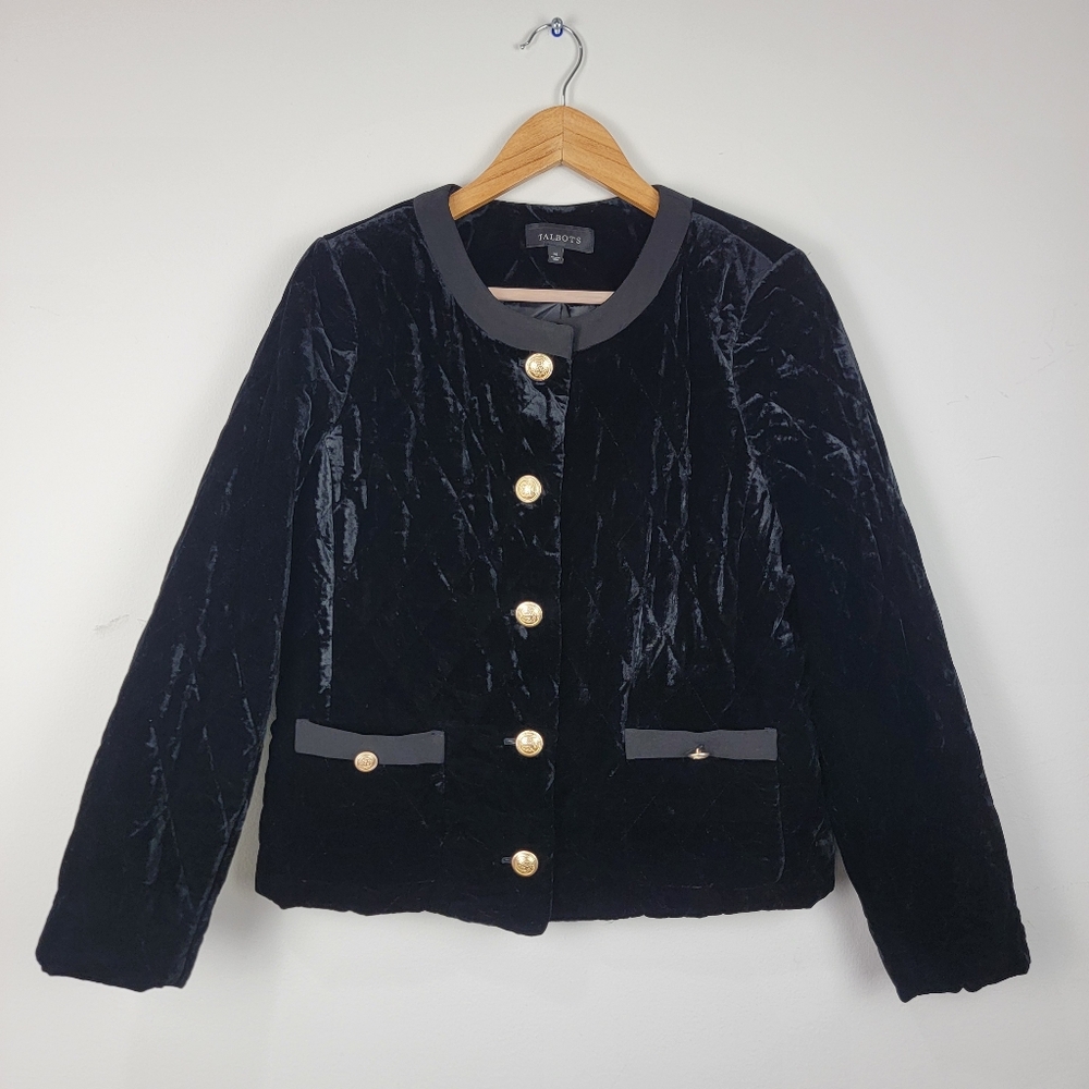 Talbots Black Quilted Velvet Blazer Jacket Coat Gold Buttons Women's M Mature .